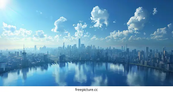 Modern Cityscape with River and Blue Sky