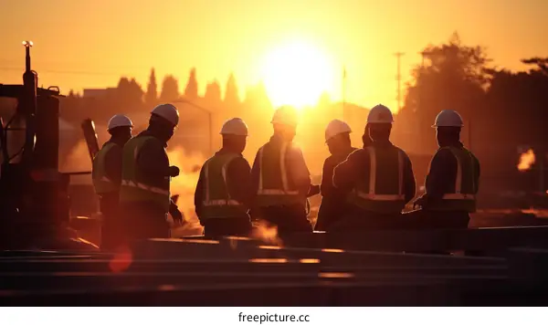 Construction workers at sunset