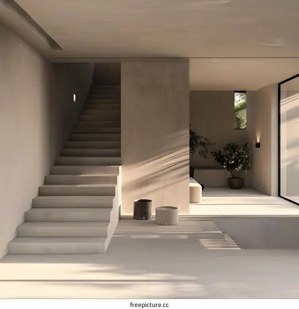Modern Minimalist Interior Design with Concrete Stairs and Sunlight