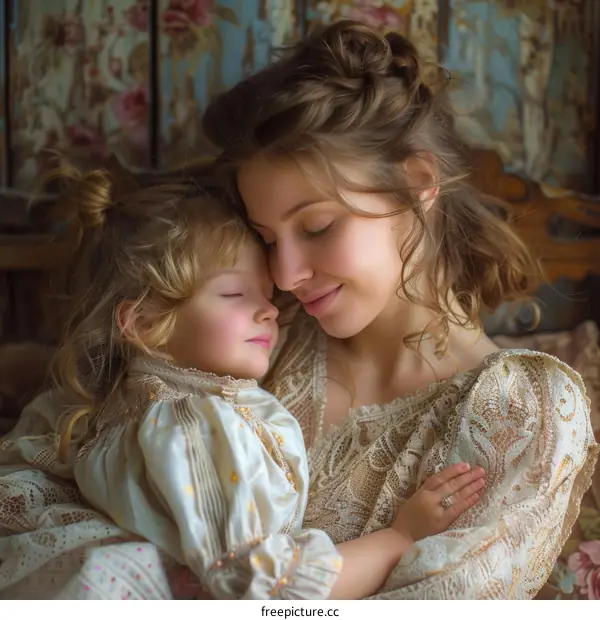 Mother and daughter in vintage dresses are hugging