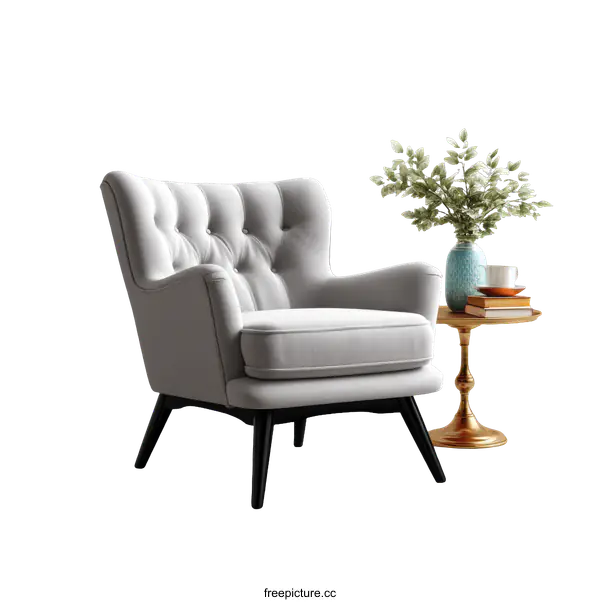 [Transparent Background PNG]Modern Grey Upholstered Armchair with Side Table