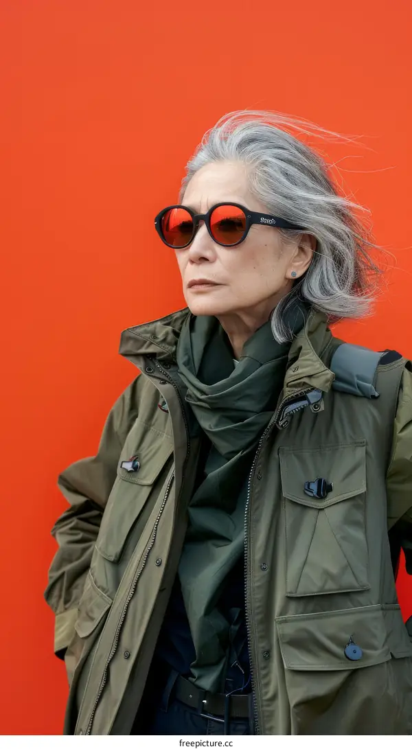 Portrait of a stylish senior woman wearing sunglasses and a green jacket