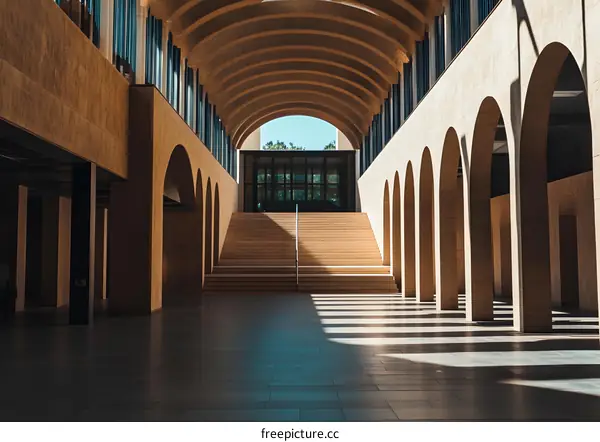 Arched Hallway With Stairs and Sunlight