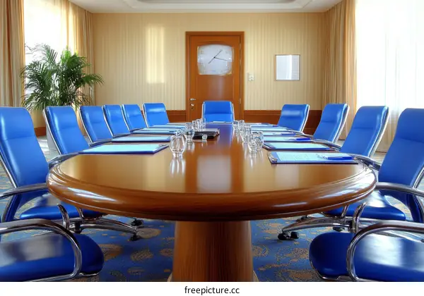 Modern Conference Room with Blue Chairs