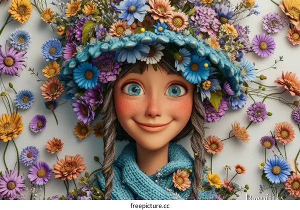 Girl with flowers on her head and blue eyes smiling