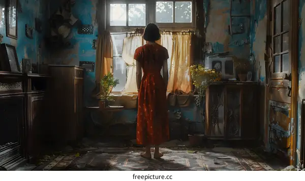 girl in red dress standing in abandoned room