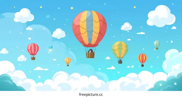 Cartoon Illustration of Hot Air Balloons Flying in Blue Sky with White Clouds