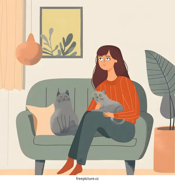 Woman Sitting on Sofa with Two Cats Illustration