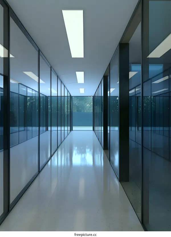 Modern Office Hallway with Glass Walls and Ceiling Lights