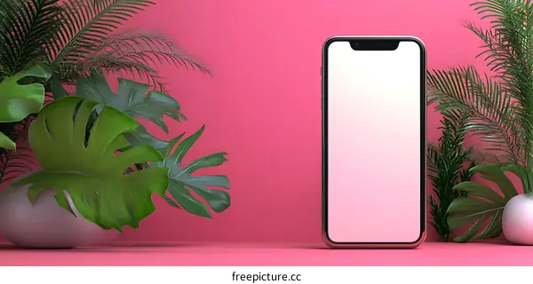 Tropical Leaves and Smartphone Mockup on Pink Background