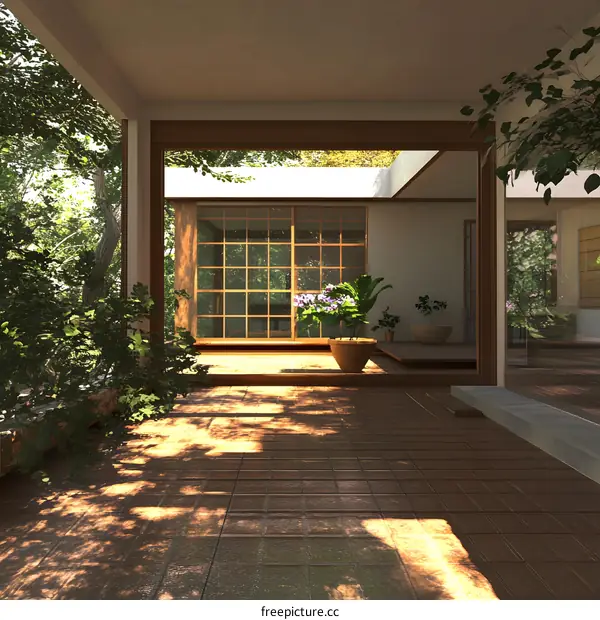Minimalist Japanese Style Courtyard With Plants And Wooden Doors