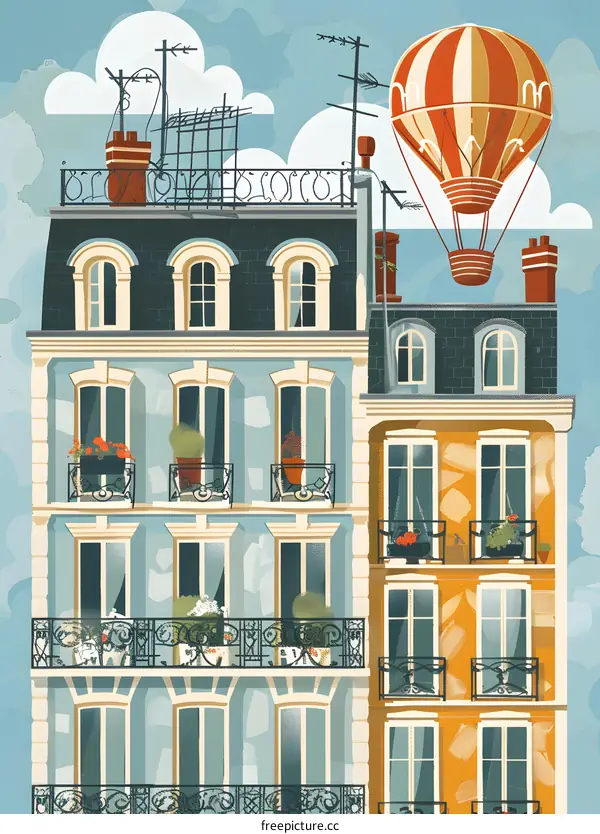 Hot Air Balloon Floating Above Parisian Buildings