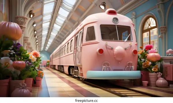 A pink and blue train sits in a station