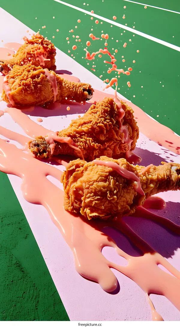 Fried Chicken with Pink Sauce Dripping on Green and Pink Background