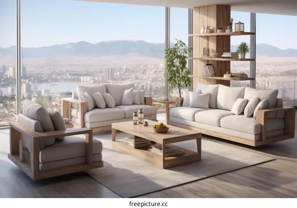 Modern living room interior design with large windows and city view