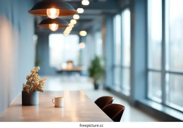 Modern Office Space with Warm Lighting and Plants