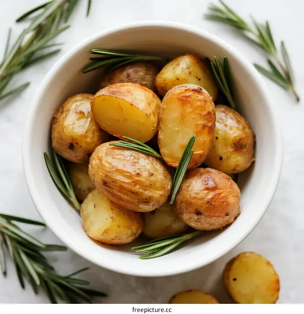 Crispy Roasted Baby Potatoes with Fresh Rosemary Garnish