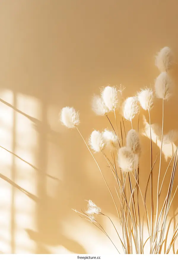Dried Pampas Grass with Sunbeams on Beige Wall