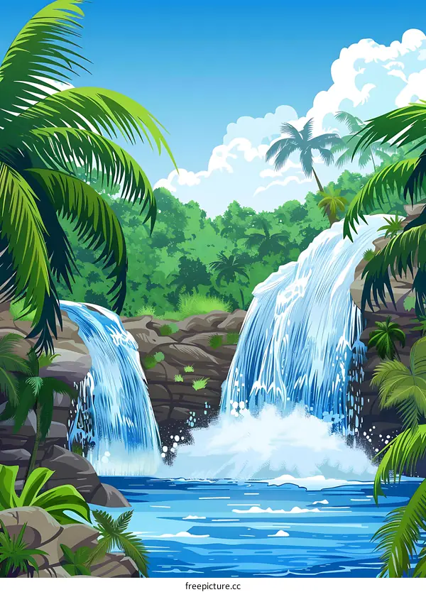 Two Waterfalls in Tropical Rainforest Jungle