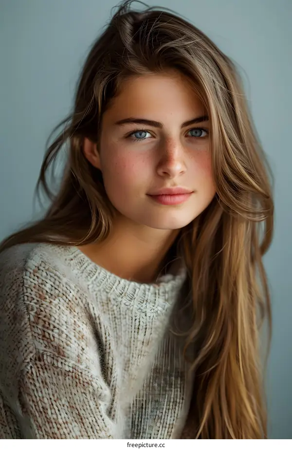 Portrait of a Young Woman with Freckles and Blue Eyes