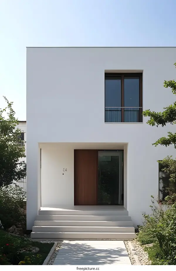 Modern Minimalist White House with Wooden Door and Steps