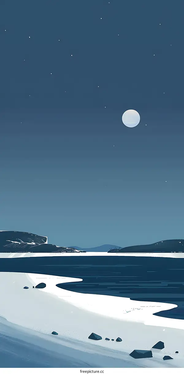 Night Sky Illustration with Stars, Moon, and a Coastline