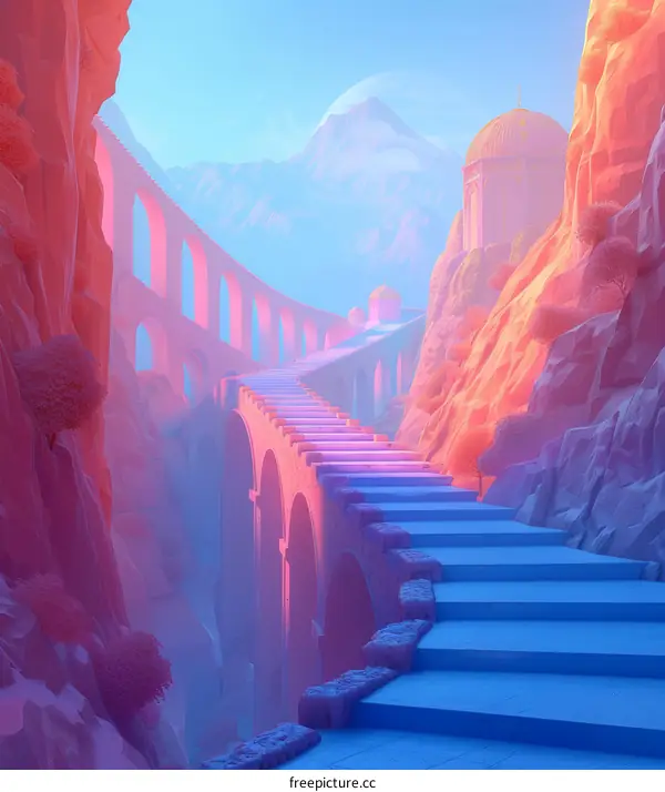 Mystical Palace Stairs in Mountain Landscape