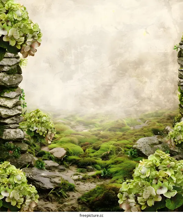 Vintage Stone Wall Green Moss and Flowers Background