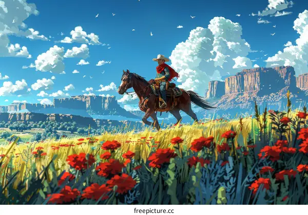 Cowboy riding a horse in a field of red flowers