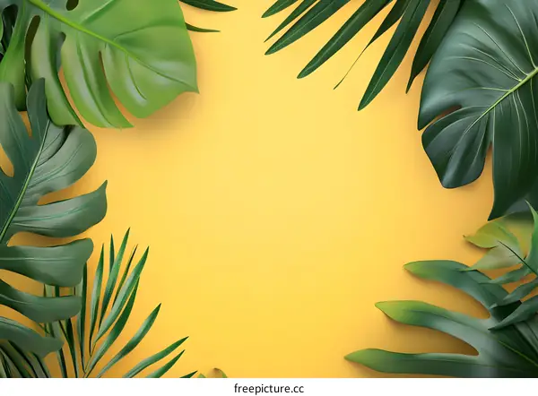 Tropical Leaves on Yellow Background