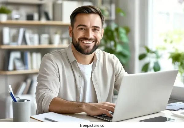 Smiling Business Man Working on Laptop