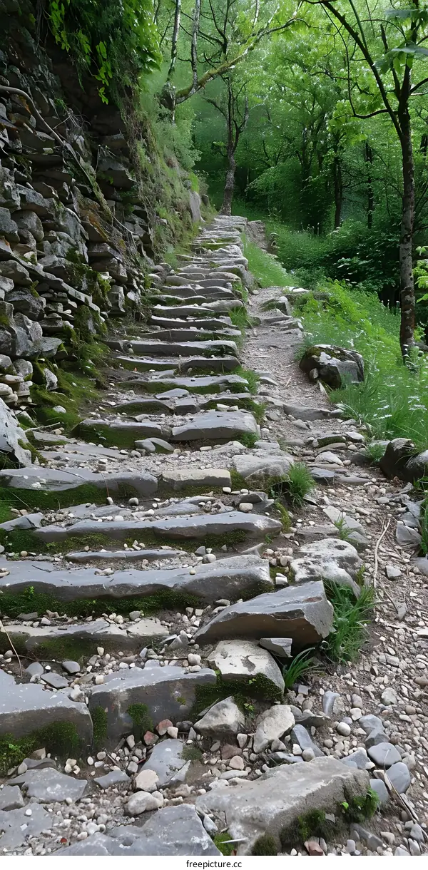 Stone Steps Leading Up Through Lush Green Forest
