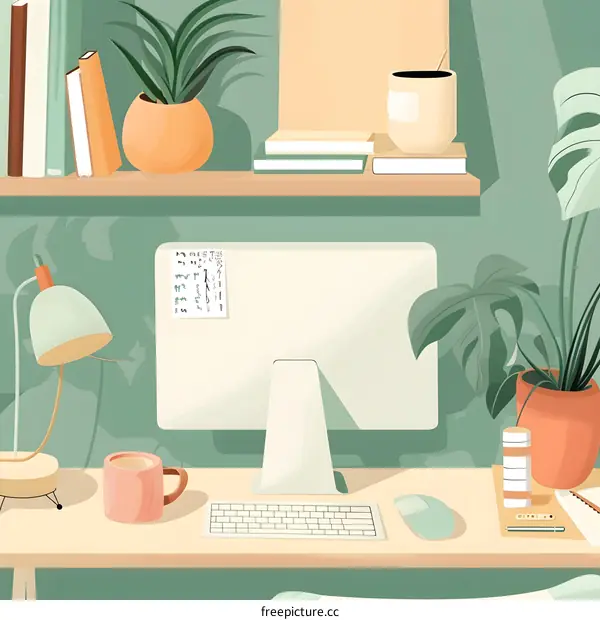 Green Home Office Desk Illustration