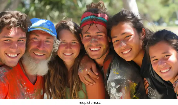 A group of happy friends covered in colorful paint