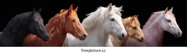 Five Horses in Different Colors Against Black Background