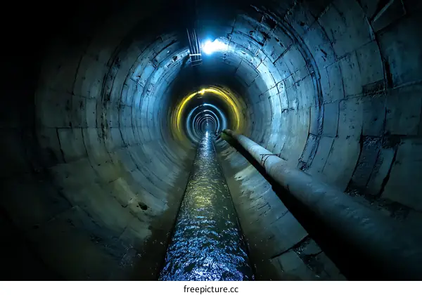 Dark Underground Tunnel with Waterway