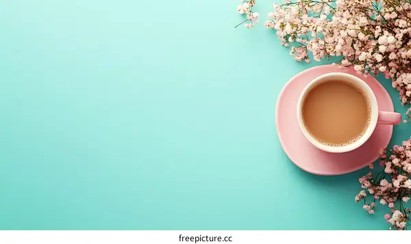 Cup of Coffee and Pink Flowers on Teal Background