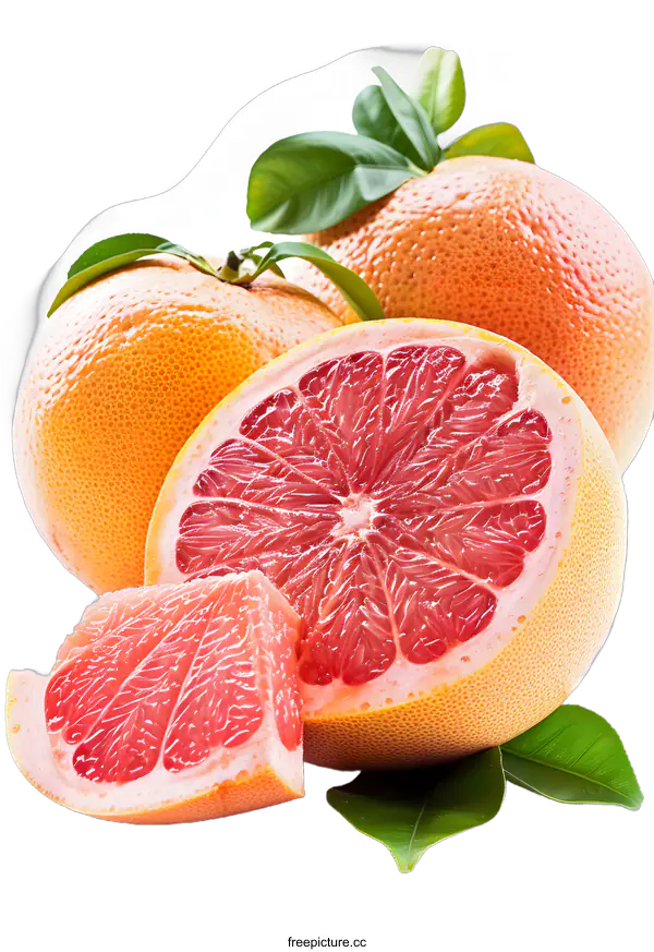 [Transparent Background PNG]Fresh Ripe Grapefruit with Green Leaves