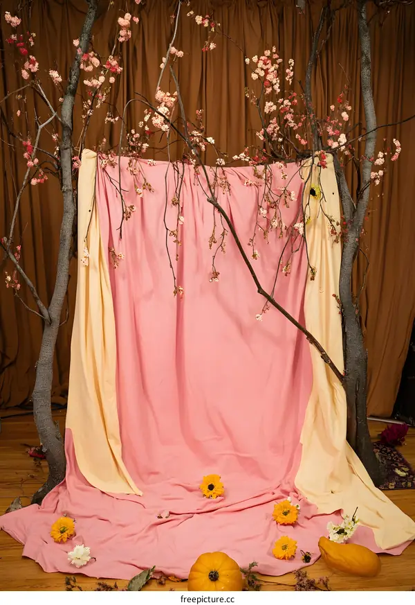 Pink and Yellow Fabric Draped Over Branches with Flowers and Pumpkins