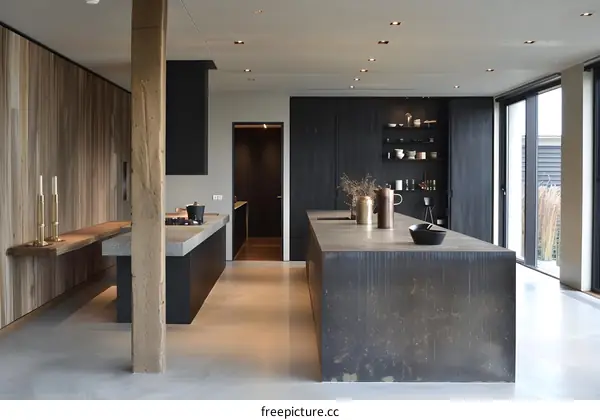 Modern Kitchen Design with Concrete Countertop and Wood Wall