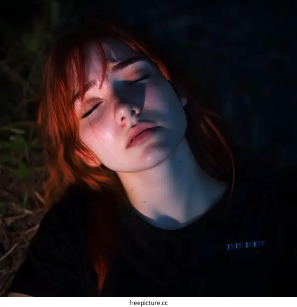 Portrait of a Young Woman with Red Hair Lying on the Ground with Eyes Closed