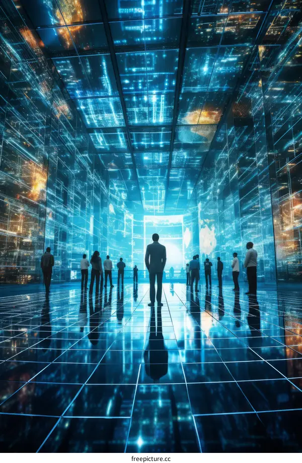 A group of people standing in a futuristic city looking at a large screen