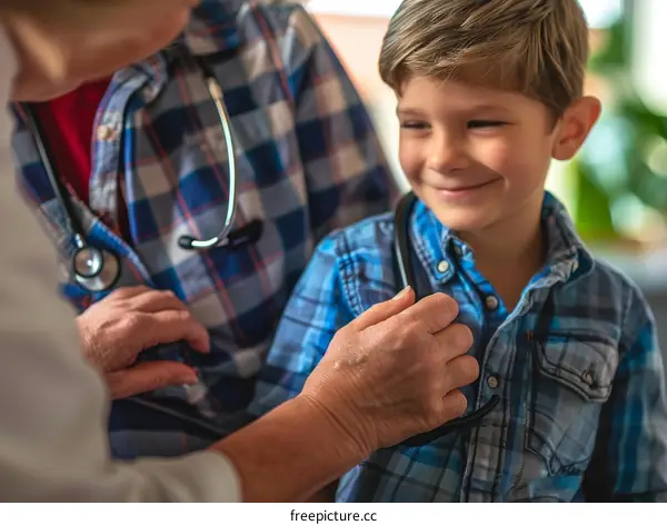 Pediatrician examining a smiling little boy