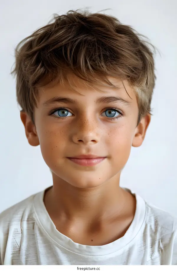 Portrait of a boy with blue eyes and freckles