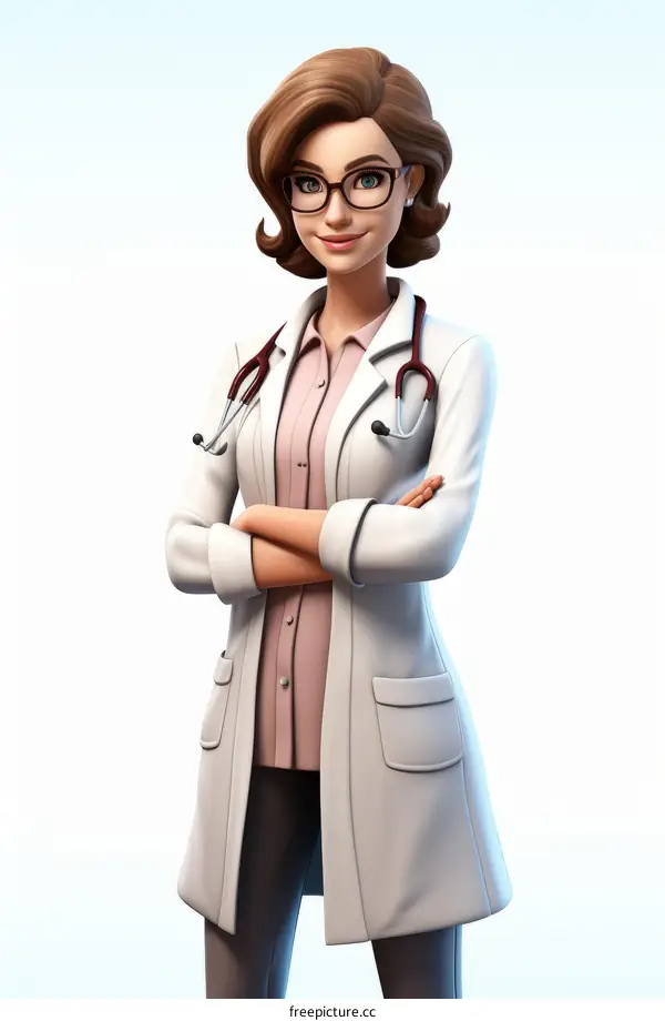A female doctor with brown hair and glasses is wearing a lab coat and stethoscope.