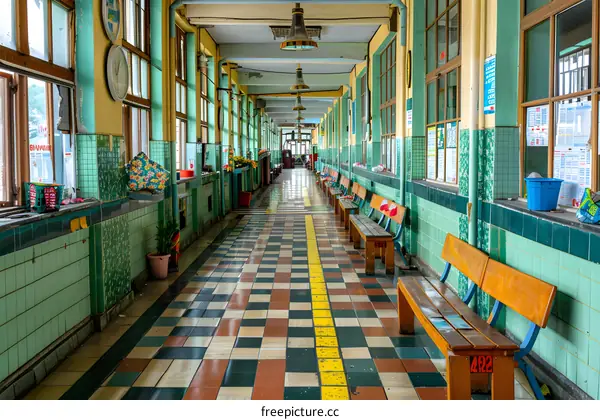 Long Empty Hallway With Colorful Tile Floor And Green Walls