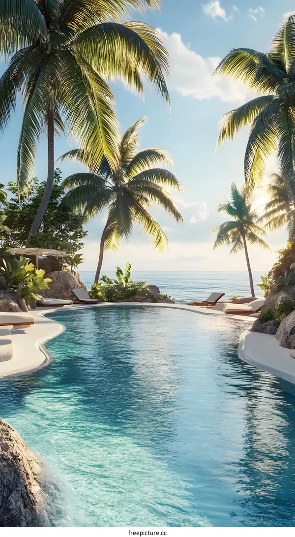 Tropical Paradise Swimming Pool with Palm Trees