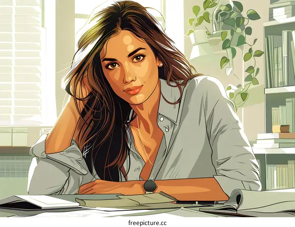 An illustration of a beautiful woman sitting at a desk and looking at the camera.