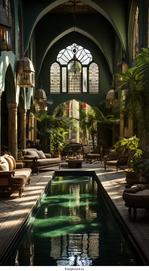 Indoor swimming pool with green walls and arched windows