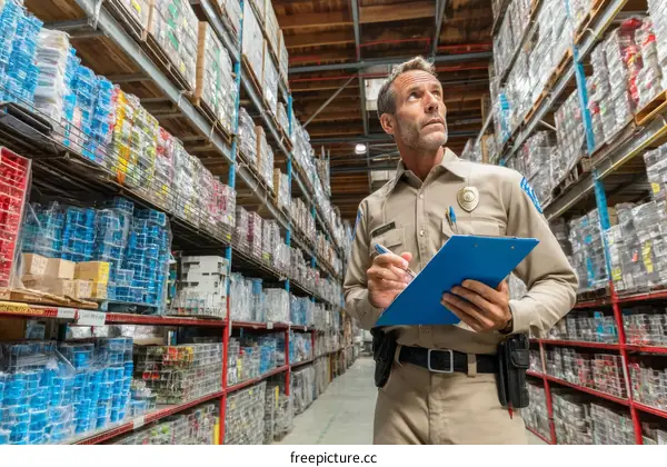 Warehouse Security Officer Inspecting Inventory